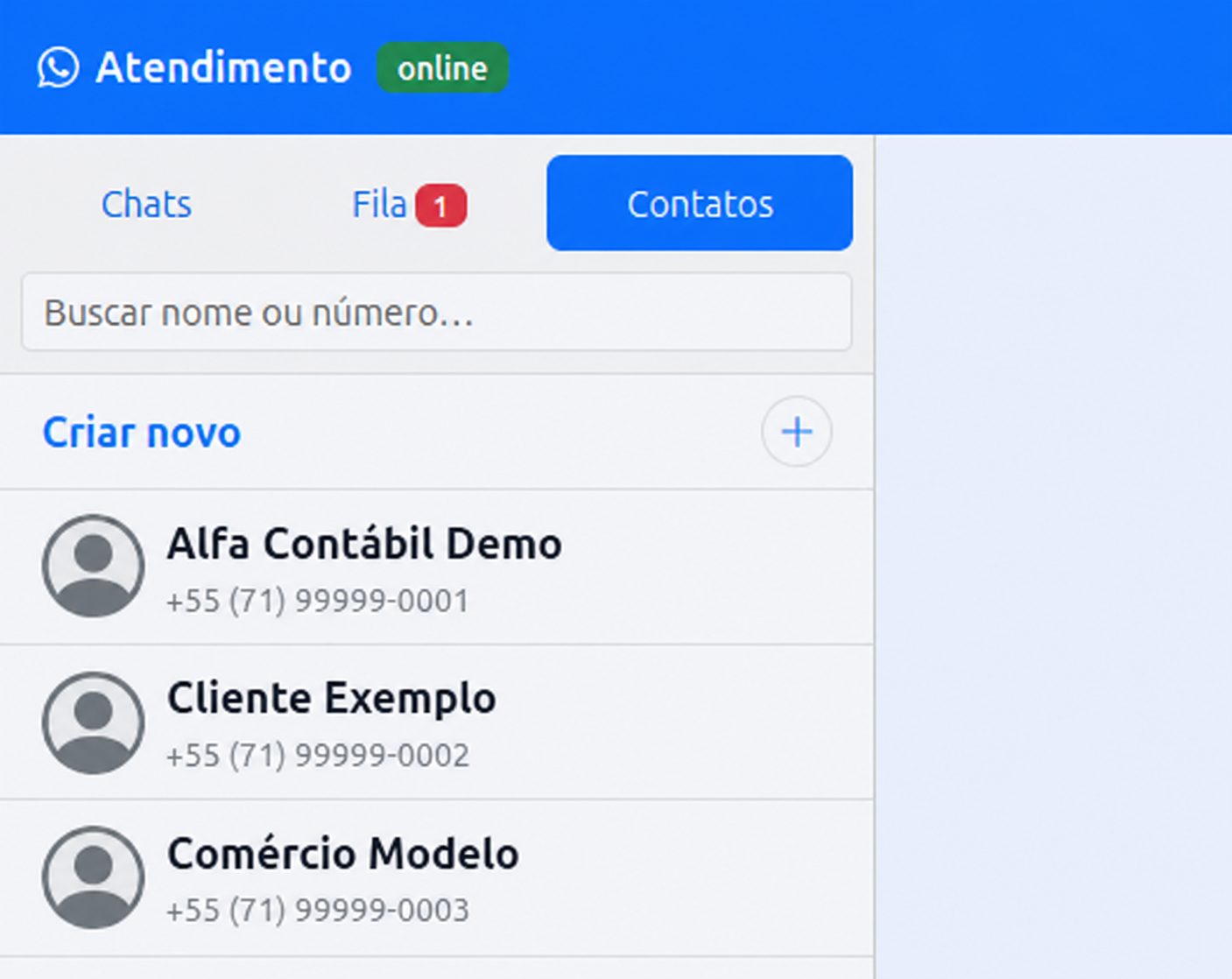 Tela real do Atendimento ZAP com contatos anonimizados