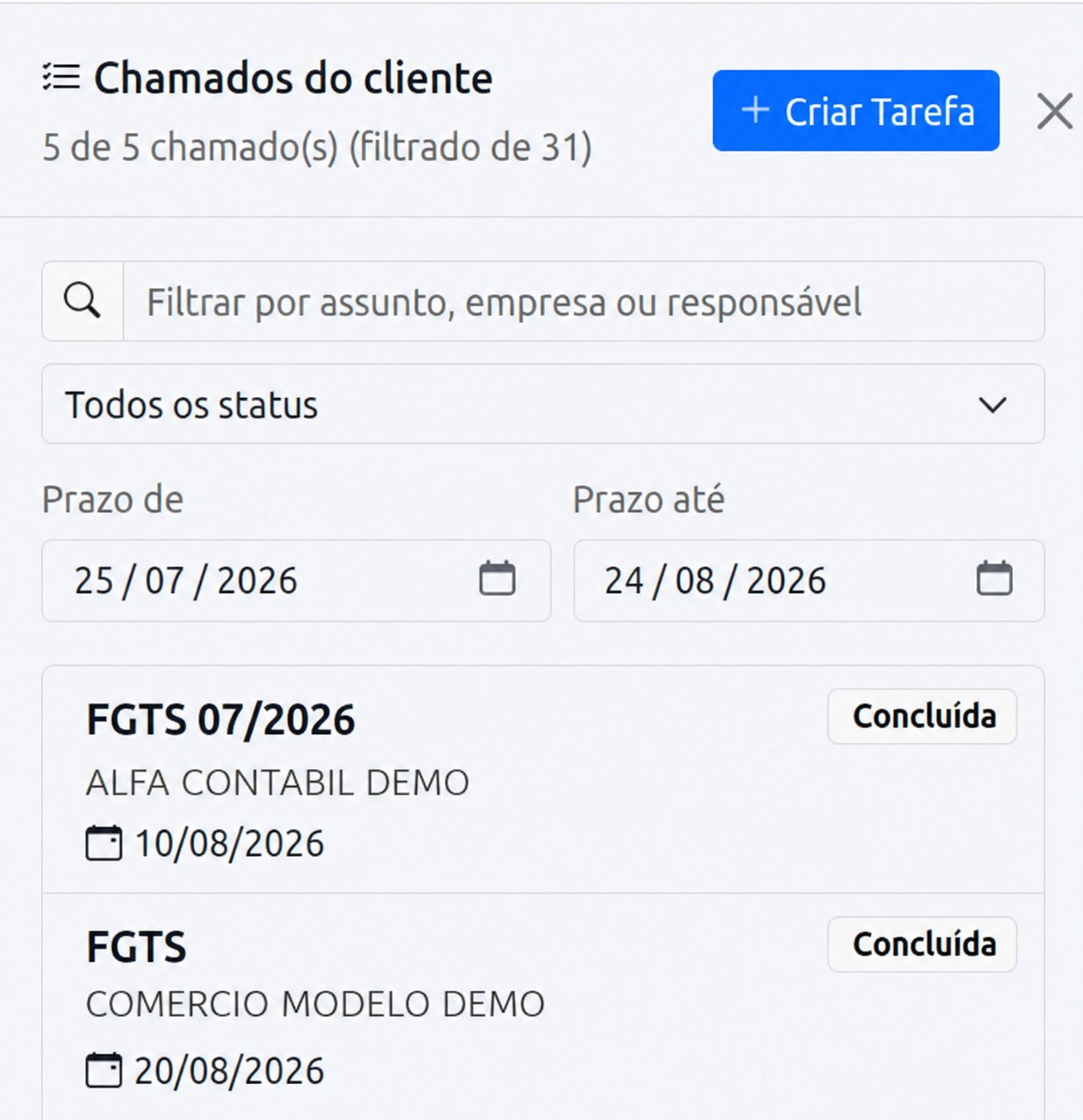 Tela real de chamados do cliente no módulo Tarefas com dados anonimizados